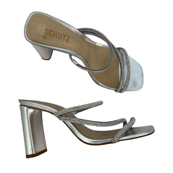 Schutz Giulia Metallic Silver Leather Sandals Heels Rhinestone Bling Straps 7.5B - Picture 1 of 12